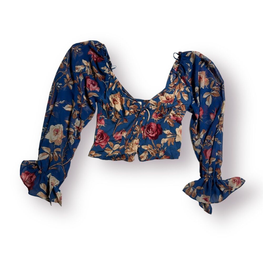 Urban Outfitters Blue Floral Blouse Fairy Core Cropped Long Sleeve Smocked‎ Back